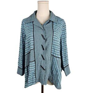 Ali Miles Blue Plaid Mixed Media  Button Top Petite Large Cottagecore Pocket